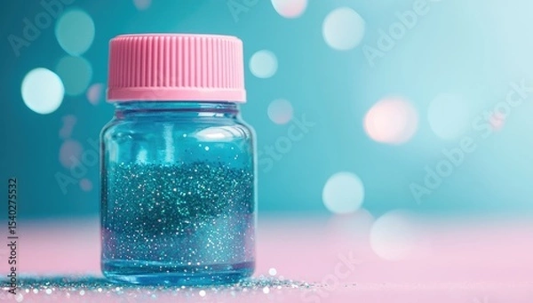 Fototapeta Teal glitter bottle with pink lid, bokeh background