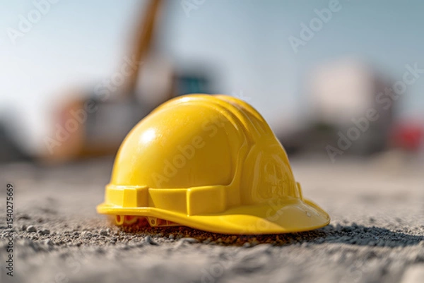 Fototapeta Plastic hardhat, helmet on background. Concept of protection inspecting at construction site, symbol of builder's death, day of mourning, civil engineering concept, builder's day