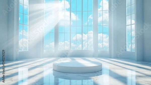Fototapeta Empty white pedestal in a sunlit hall with large windows