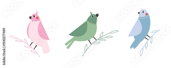 Fototapeta Hand drawn beautiful birds set. Colorful bird sitting on a tree branch.