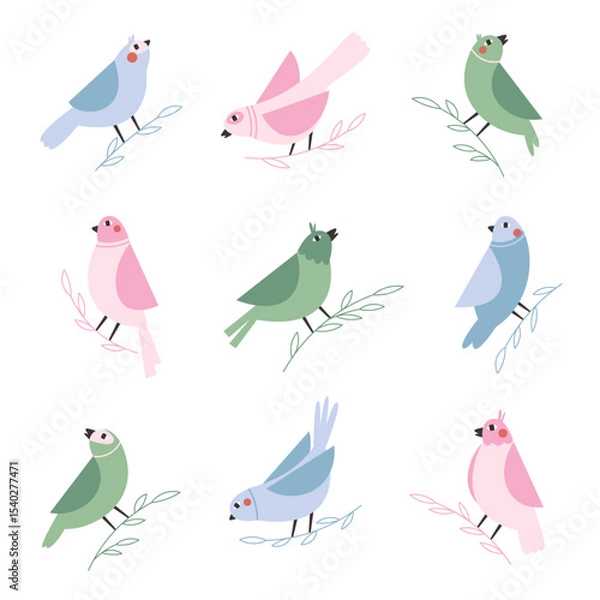 Fototapeta Hand drawn birds large set. Colorful spring bird sitting on a tree branch.