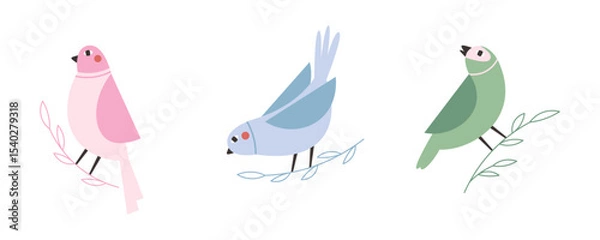 Fototapeta Colorful birds sitting on branches. Hand drawn spring birds set of illustrations or stickers.