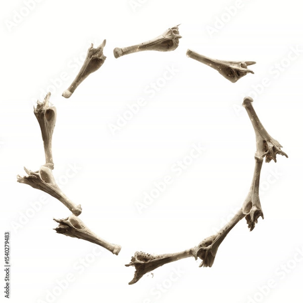 Fototapeta Abstract Circular Arrangement of Chicken Bones on a Vibrant Yellow and Gray Background
