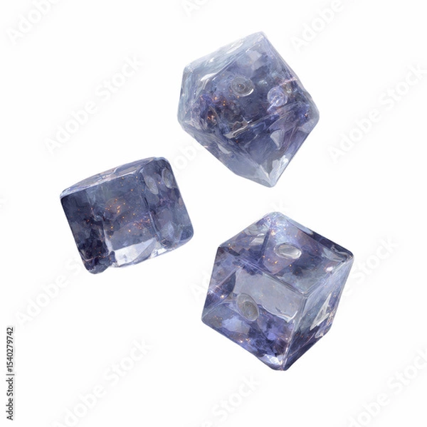 Fototapeta Three Sparkling Ice Cubes Falling on Purple Background