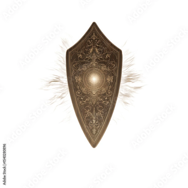 Fototapeta Ornate Bronze Shield with Glowing Center and Abstract White Burst Background