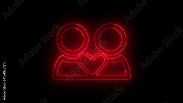 Fototapeta Glowing red neon silhouette of two people with a heart shape symbolizing love and connection against black background