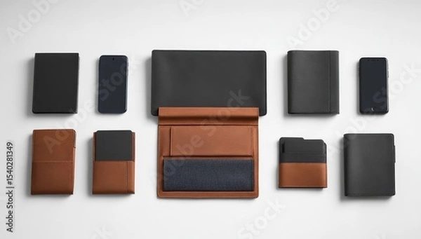 Fototapeta Organized leather cases, various sizes, and colors, on a white background.  Smartphone and tablet sized cases, for organization