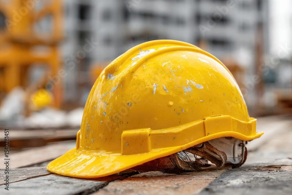 Fototapeta Plastic hardhat, helmet on background. Concept of protection inspecting at construction site, symbol of builder's death, day of mourning, civil engineering concept, builder's day