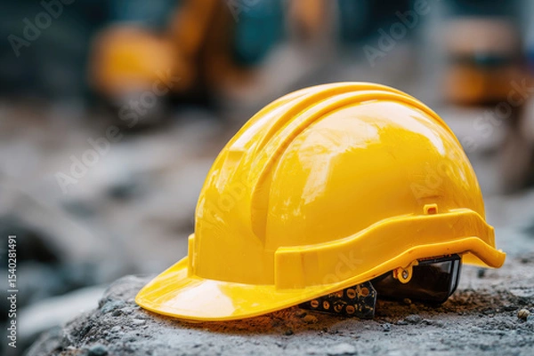 Fototapeta Plastic hardhat, helmet on background. Concept of protection inspecting at construction site, symbol of builder's death, day of mourning, civil engineering concept, builder's day