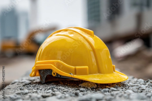 Fototapeta Plastic hardhat, helmet on background. Concept of protection inspecting at construction site, symbol of builder's death, day of mourning, civil engineering concept, builder's day