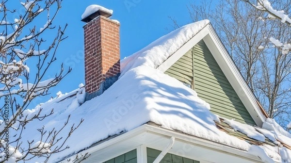 Fototapeta Residential house roof covered in snow showing chimney damage, layered and missing shingles, representing winter weather affects, aging structure, and urgent home maintenance issues