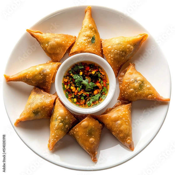 Obraz Samosa, samsa or somsa is a triangular fried cake. The filling is boiled potatoes seasoned with spices mixed with peas, onions, cilantro, and sometimes paneer. This snack is popular in Central Asia, S