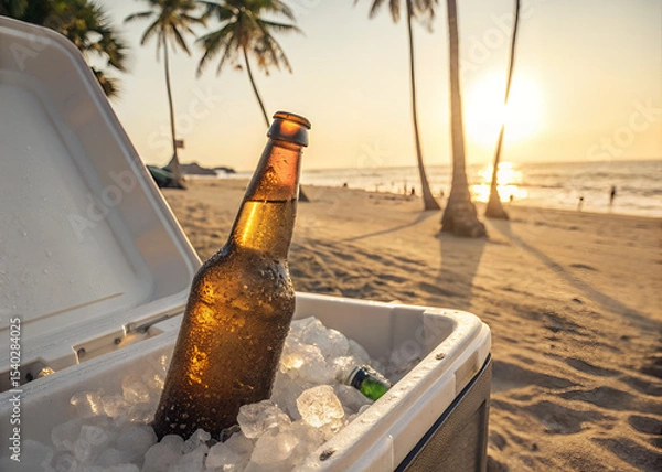 Obraz Chilled Beer at the Beach: A refreshing beer bottle nestled among ice cubes in a cooler, bathed in warm sunlight on a sandy beach with palm trees, evokes a sense of leisure and tropical relaxation.