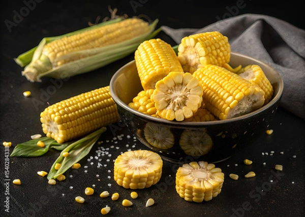 Obraz Bowl of Golden Corn: Freshly harvested yellow corn, both whole and sliced, arranged in a rustic bowl with scattered salt crystals on a dark table.