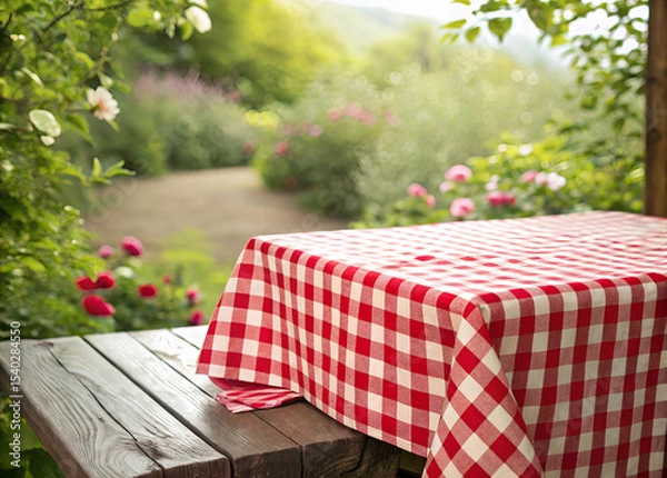 Obraz Picnic Table in Garden: A charming outdoor scene featuring a wooden table covered with a red and white checkered tablecloth, set against a backdrop of a beautiful garden path.