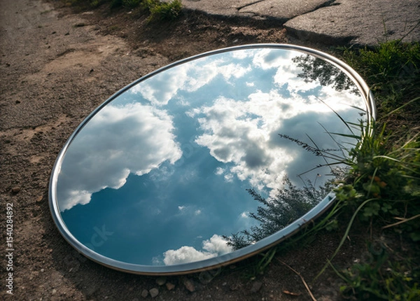 Obraz Mirroring the Sky: An artistic shot of an oval mirror resting on rough ground, reflecting a stunning blue sky dotted with fluffy clouds, blending nature and human artifice.