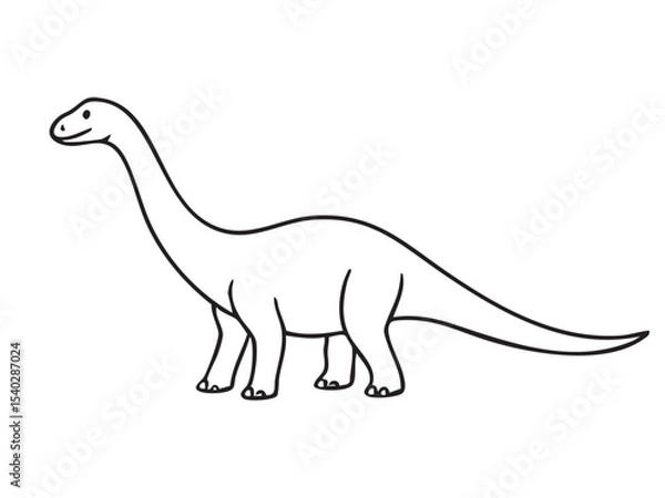 Fototapeta Black outline of Diplodocus dinosaur with long neck and tail, isolated on white background, graphic illustration. Concept of giant prehistoric herbivore, sauropod species, jurassic animal