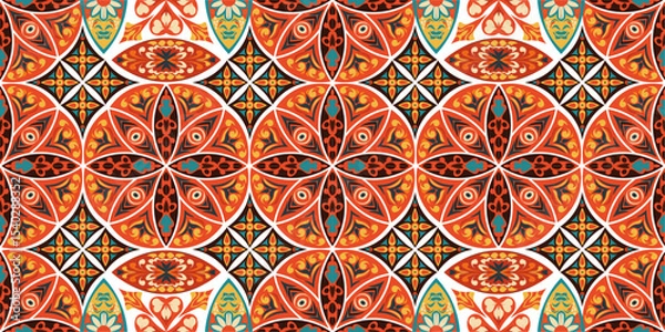 Fototapeta Modern, Ornamental Mosaic Tile with Repeating Floral and Geometric Motifs vector mandala pattern, background for fabric, clothes, carpet, luxury, textile, texture, illustration, ornate mosaic floor.