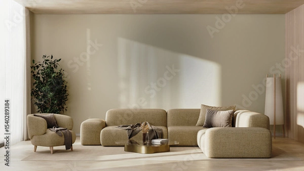 Fototapeta Modern living room interior in beige tones with sofa, table and armchair, 3d render