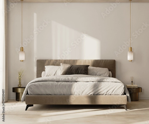 Fototapeta modern bedroom interior with bed, lamp and bedsie tables, 3d render