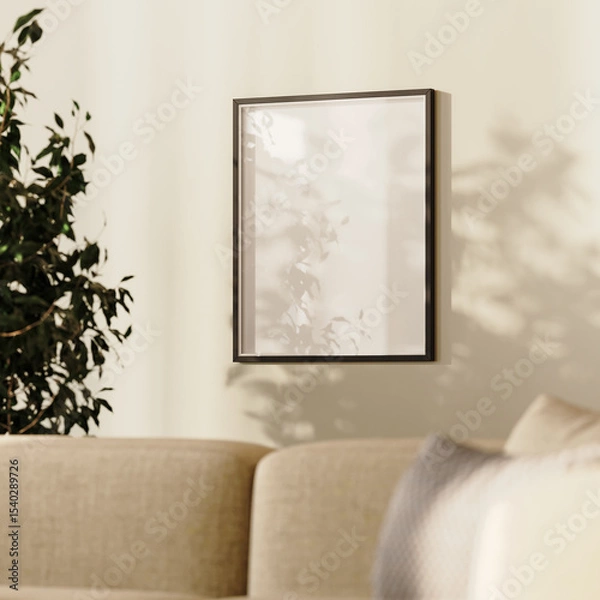 Fototapeta living room with a picture frame, 3d render