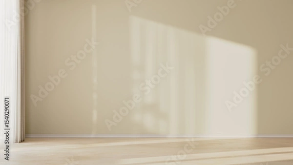Fototapeta Empty room interior with beige walls with sunlight from a window, wooden floor, 3d render