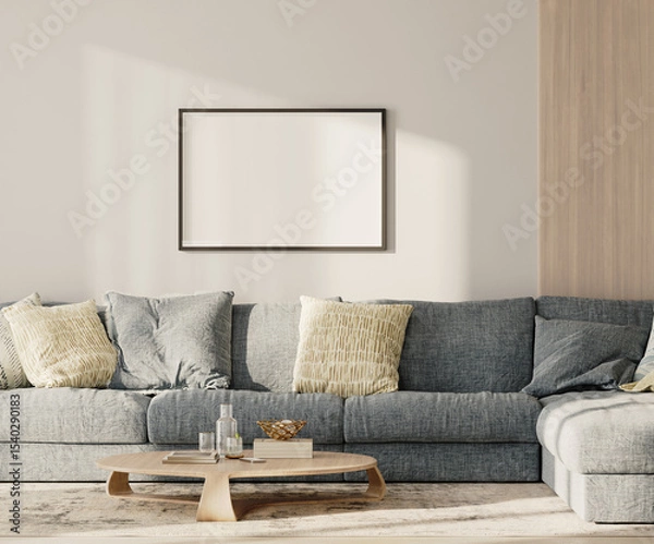 Fototapeta Horizontal frame mock-up in lounge interior with blue sofa and table with wooden panel on the wall, 3d render