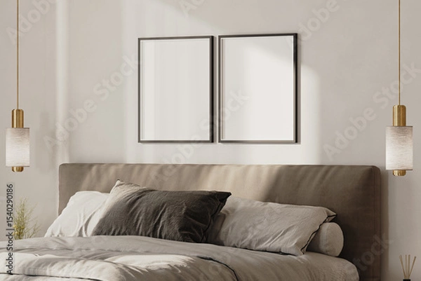 Fototapeta two blank picture frames mock-up above bed in modern bedroom interior, 3d render