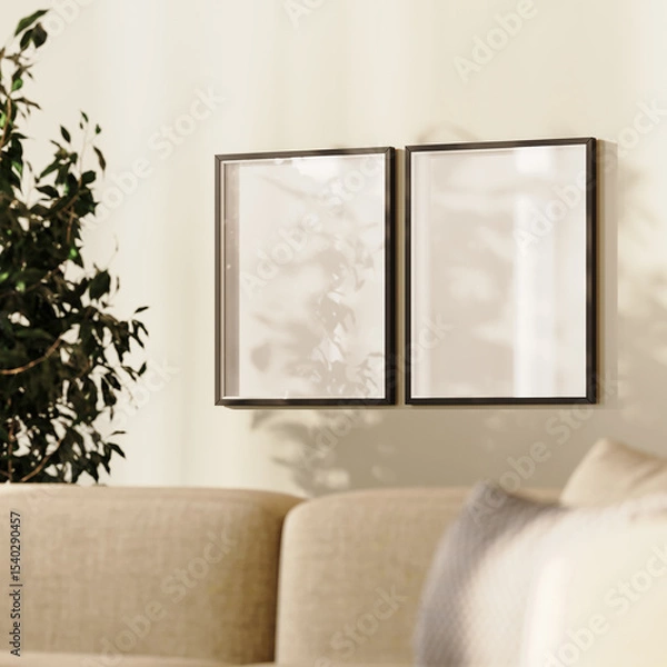 Fototapeta living room with a two picture frames close-up, 3d render