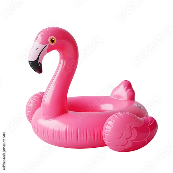 Fototapeta A pink inflatable flamingo pool float with a round inner tube and detailed wing features. The float is isolated on a transparent background.