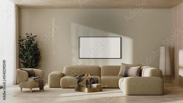 Fototapeta Horizontal frame mock-up in modern living room interior in beige tones, 3d render 