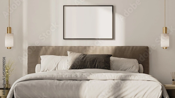 Fototapeta Horizontal frame mock up above the bed in modern bedroom interior, front view, 3d render