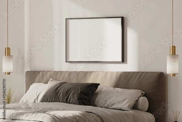 Fototapeta Horizontal frame mock up above the bed in modern bedroom interior, 3d render