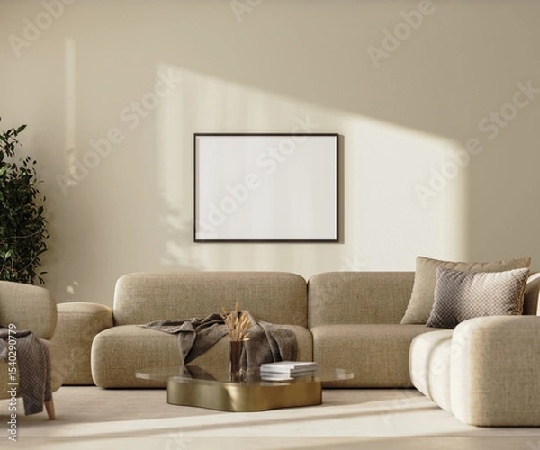Fototapeta horizontal picture frame in modern living room interior with beige sofa wall with sunlight, 3d render