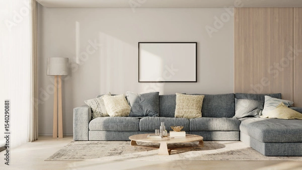 Fototapeta horizontal frame mock-up on a white wall with wooden panel above the sofa with pillows in modern living room lounge zone, 3d render