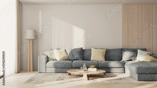 Fototapeta Living room interior with big blue sofa with pillows, wooden panel, table with decor, floor lamp and rug, 3d render