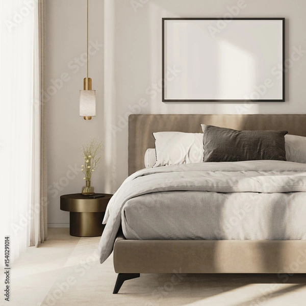 Fototapeta horizontal picture frame mock-up above bed in modern bedroom interior, 3d render