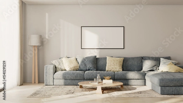 Fototapeta Horizontal picture frame in modern living room interior with blue sofa and white wall, 3d render