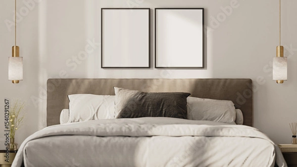 Fototapeta Two empty frames mock up above the bed in modern bedroom interior, front view, 3d render