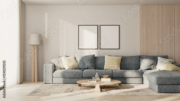Fototapeta two frames mock-up on a white wall with wooden panel above the sofa with pillows in modern living room lounge zone, 3d render