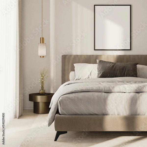 Fototapeta poster frame mock-up above bed in modern bedroom interior, 3d render