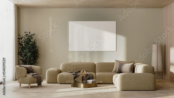 Fototapeta Big empty canvas mock-up in modern living room interior in beige tones, 3d render 