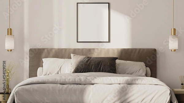 Fototapeta empty frame mock up above the bed in modern bedroom interior, front view, 3d render