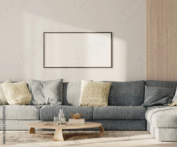 Fototapeta horizontal frame mock-up above the sofa with pillows in modern living room lounge zone, 3d render