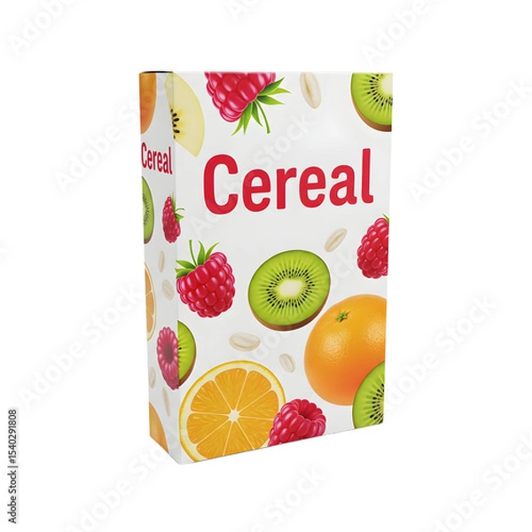 Fototapeta A cereal box with a transparent background. The box features colorful fruit illustrations, including raspberries, kiwis, and oranges, with the word 'Cereal' prominently displayed.