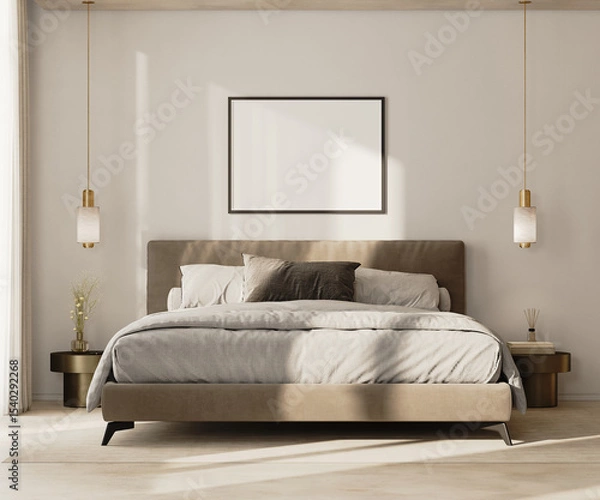 Fototapeta horizontal picture frame mock up above bed in modern bedroom interior, 3d render