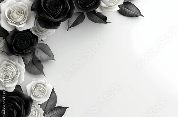 Obraz Elegant Black and White Rose Flower Decoration with Vines on Minimal Negative Space Background Illustration
