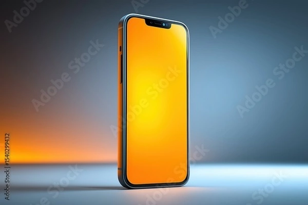 Fototapeta 3D rendered mobile phone, display under spotlight, screen, orange, yellow, still life shooting, mobile phone display