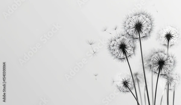 Fototapeta Minimalist Black and White Ink Style Dandelion Illustration with Elegant Negative Space Botanical Art