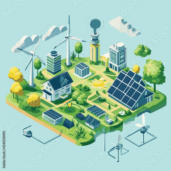 Obraz 3D Isometric Flat Vector Conceptual Illustration of Sustainable and Renewable Energy, Innovative Green Technologies, vector style simple color